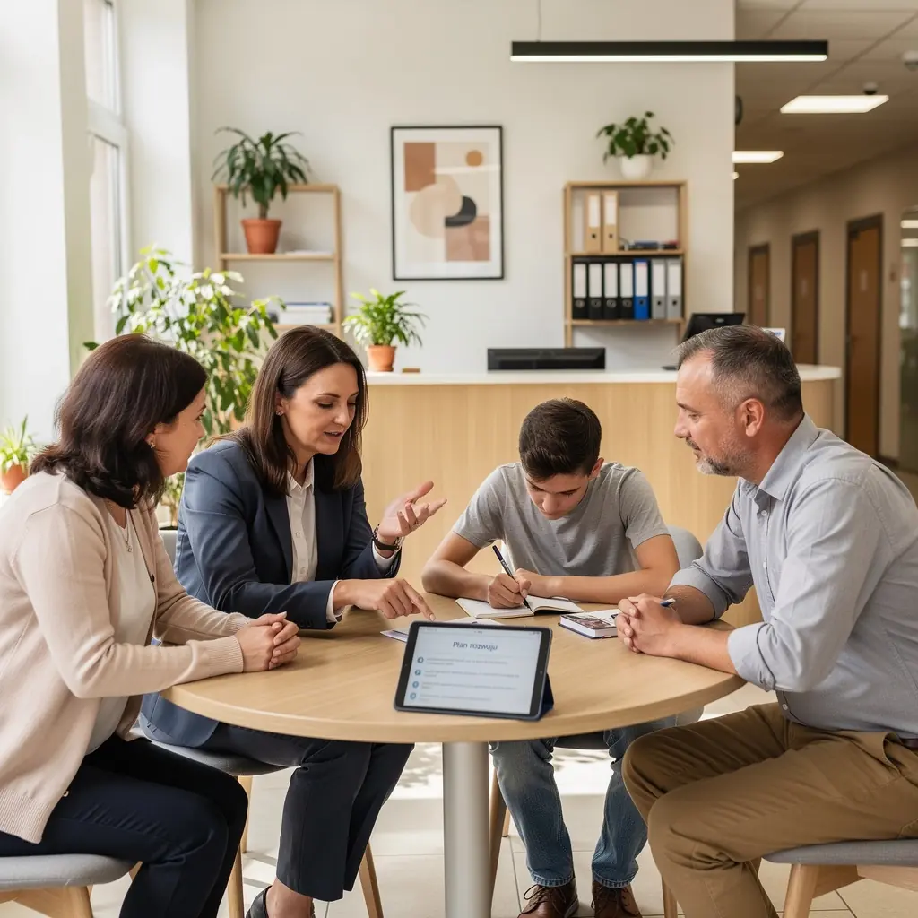 Uśmiechnięte dzieci bawiące się podczas zajęć rozwojowych w klasie.